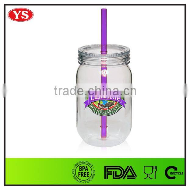Large capacity plastic mason or food jars with straw and lid