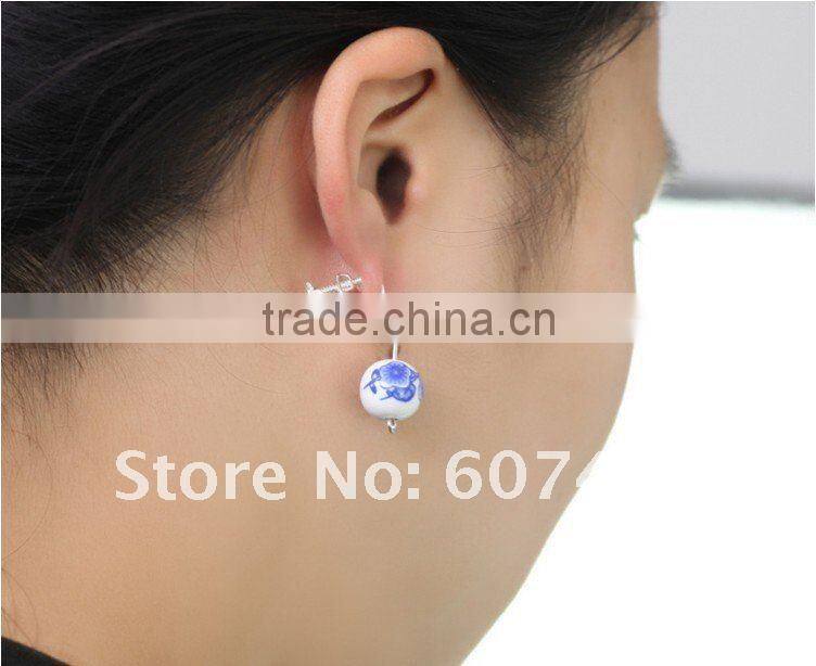 blue flower printed Qinghua porcelain ball shaped drop earings with clips