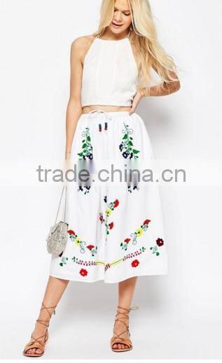 Latest Design 2016 Summer 100% cotton Drawstring Waist Floral embroidery women Midi Skirts