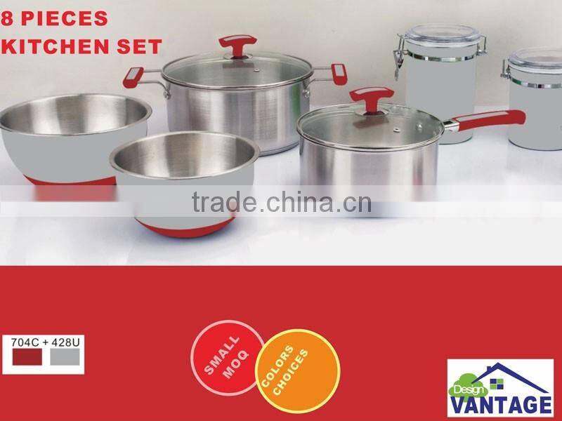 8pcs modern kitchen design stainless steel cookware set with red silicon handle / kitchen accessories/grey salad bowls with red