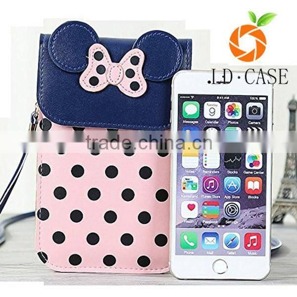 Cute Bow &Polka Dots Flip Cover Purse Two Layers PU Leather Mini Crossbody Shoulder Pouch Travel Cellphone Bag