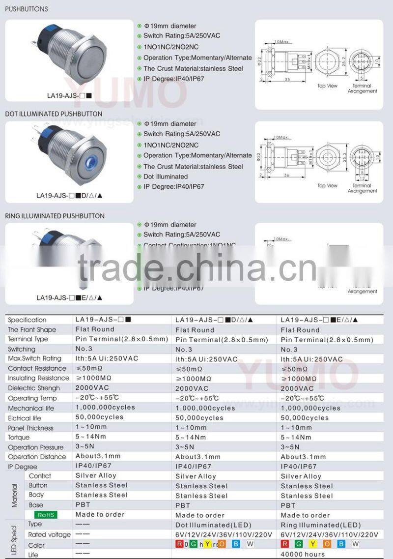 LA19-ASJ-11D-IP67-S B 24V medical treatment elevator equipment micro switch waterproof Metal push button