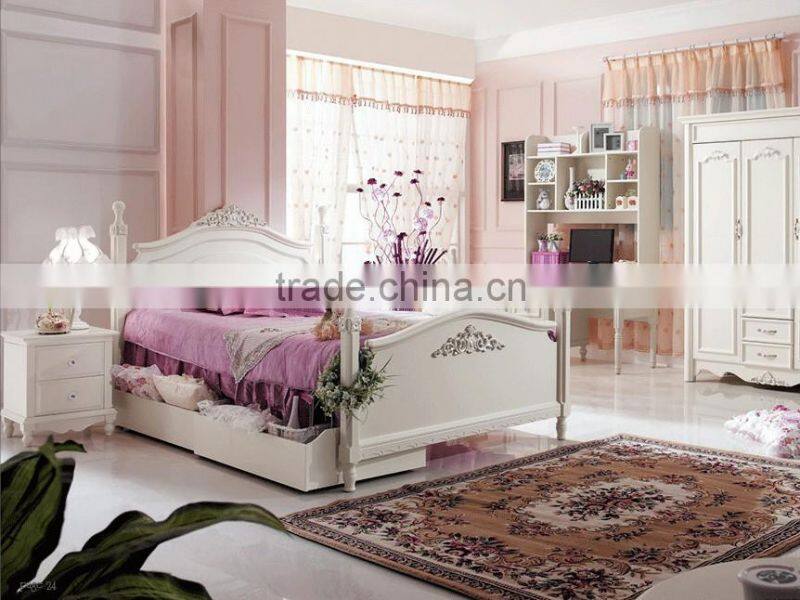 Pure White Design Kid Bedroom Furniture, Wood Carved Children Bedroom Set, Solid Wood Bed With Sliding Drawer
