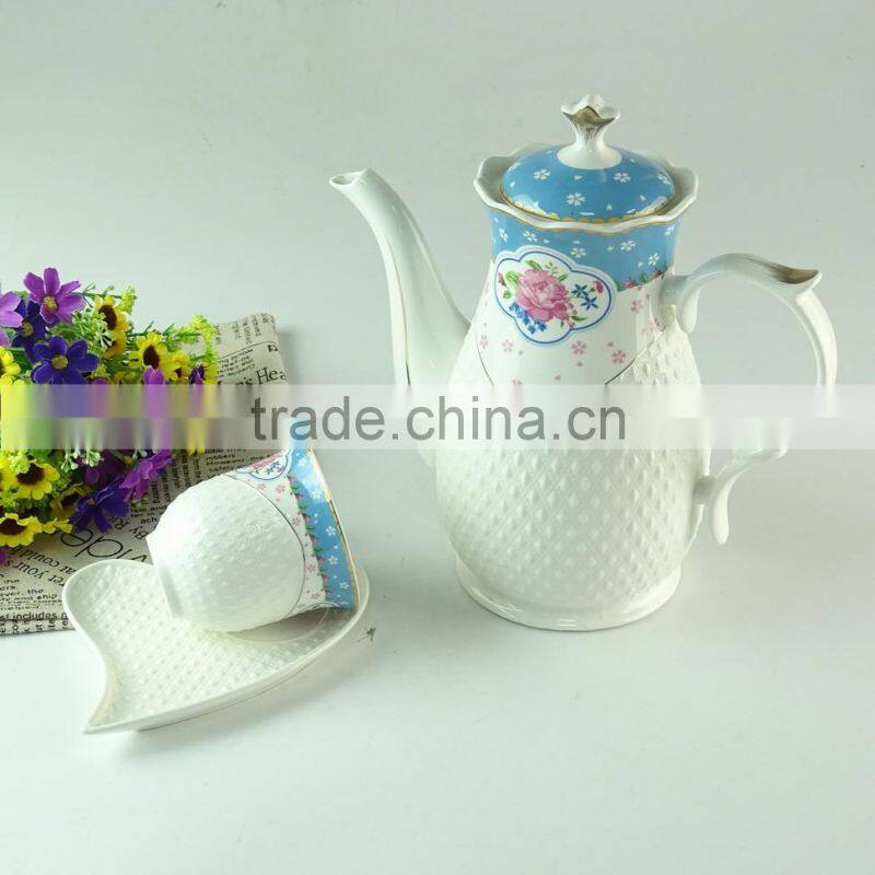 New design hot sale Porcelain teapot coffee pot with decal and embossment line in stock