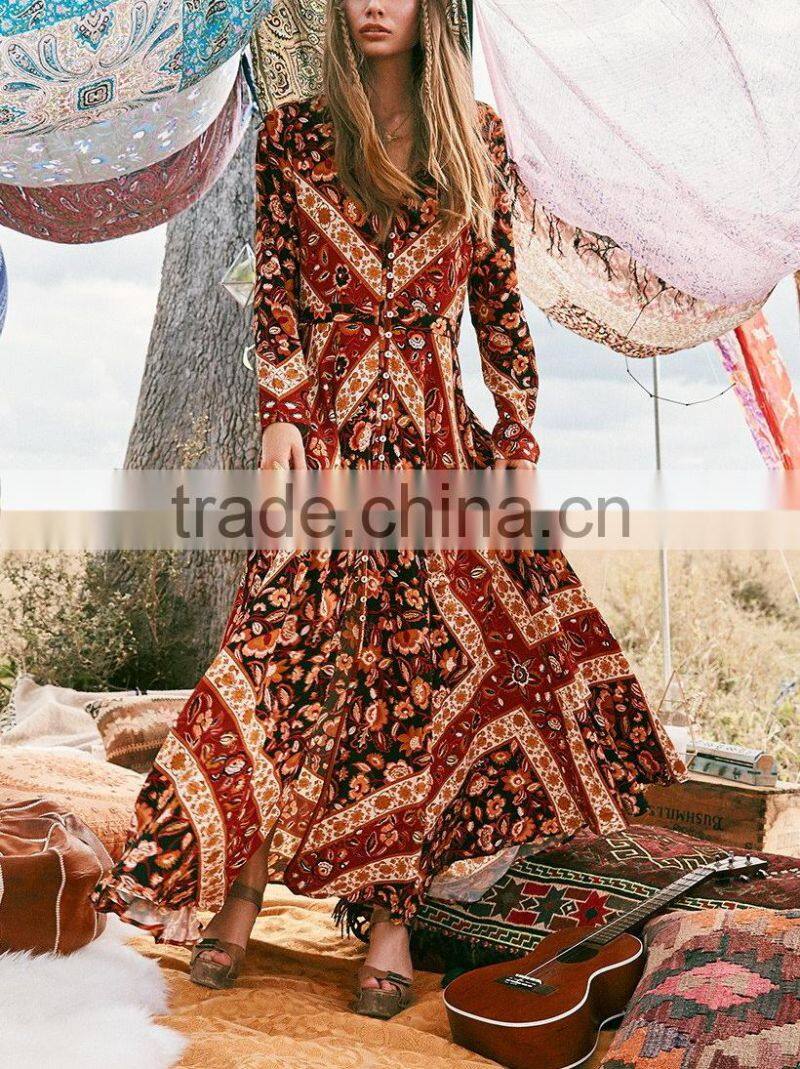 Bohemian Front Button Down Vintage Long Sleeve One Piece Maxi Dress HSd5170