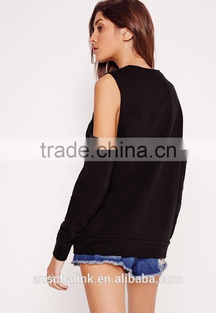 OEM service latest design lady black cold shoulder pretty sweatshirt