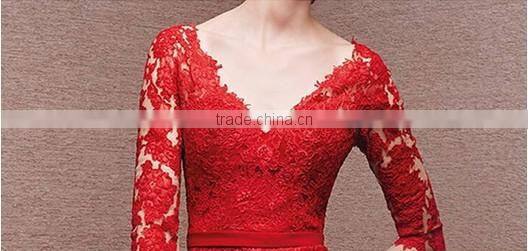 long sleeve nude evening red prom dress with sleeves