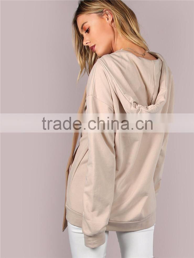 Plain Oversized Zip Up Jacket Velvet Drawstring With Hoody Women Long Sleeve Pocket Coat