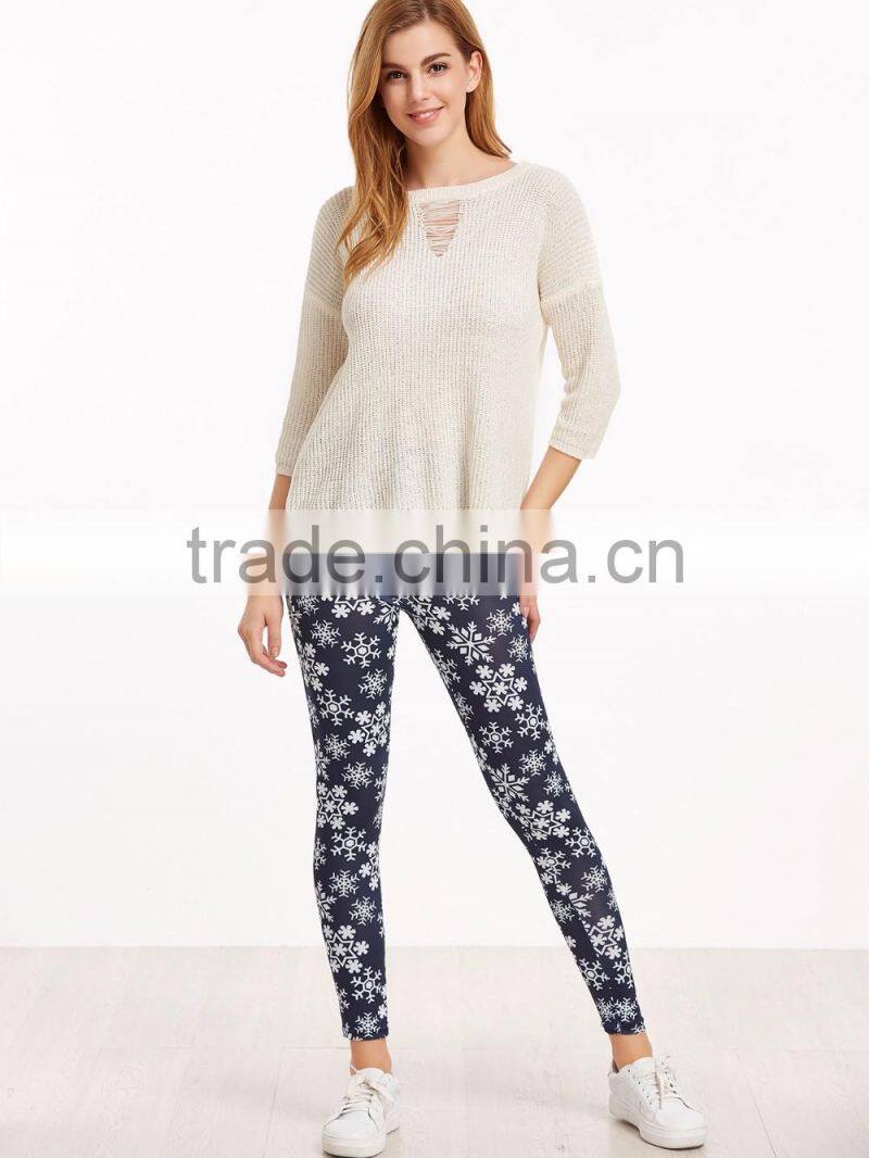 Navy Snowflake Print Leggings Polyester Spandex Outwear Sublimation Print Skinny Gym Jogger Customized Long Pants