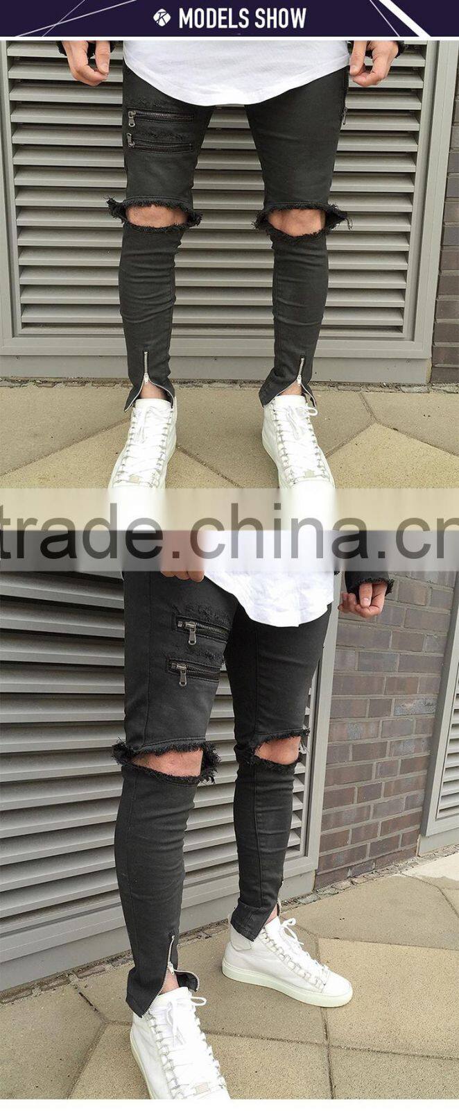 Custom male super skinny distressed moto biker denim pants men high stretch ripped trousers zipped tight ankle jeans 2017