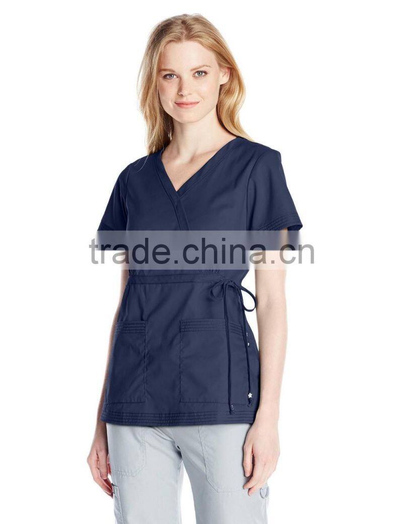 Women's Easy-Fit Mock-Wrap Scrub Shirt/Blouse Top with Adjustable Side Tie