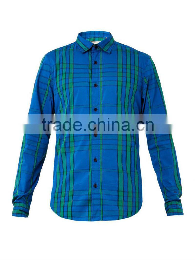 Royal-blue, green and navy graphic check-printing cotton-blend t shirt