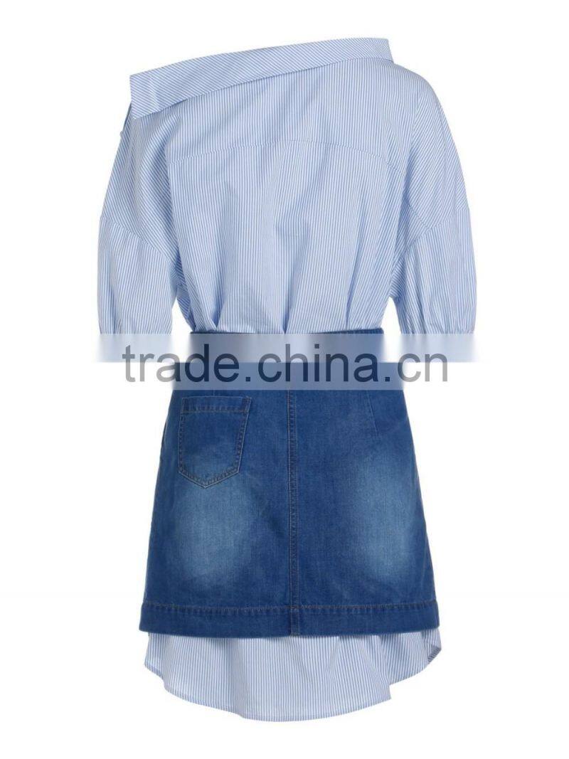 Ladies 100% cotton stripe woven combined new jeans dress/dress sets