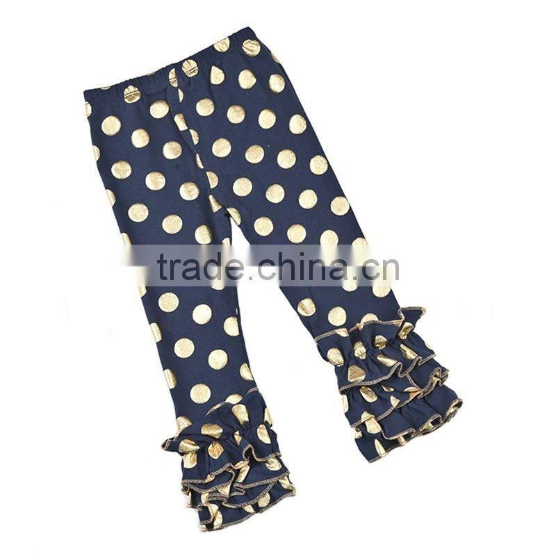2016 Hot Design sew sassy gold polka dot printed icing ruffle pant girls icing capris set