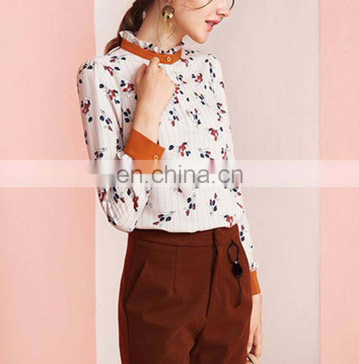 Fashion Floral Print Pullover Shirts Frill Hem Collar Cuff Contrast Color Women Blouses