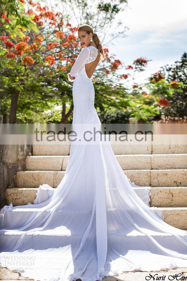 2015 Latest Open Back Long Sleeve White Lace Long Train Wedding Dress