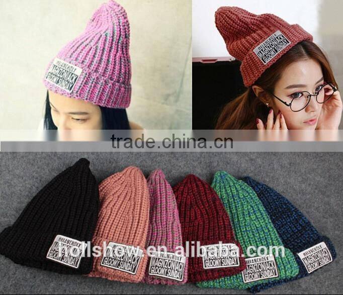 Label Embroidery Multi-colors Plain Knitting Girls Beanie Hat and Cap