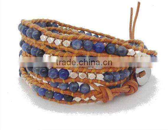 Blue Lapis Wrap Bracelet on Natural brown Leather with Silver tone nugget beads