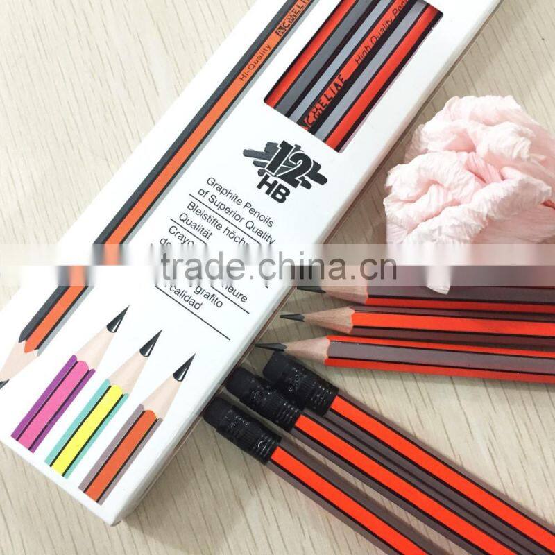 Standard size hexagonal shape neon orange and silver striped special graphite wood pencil sharpened with eraser