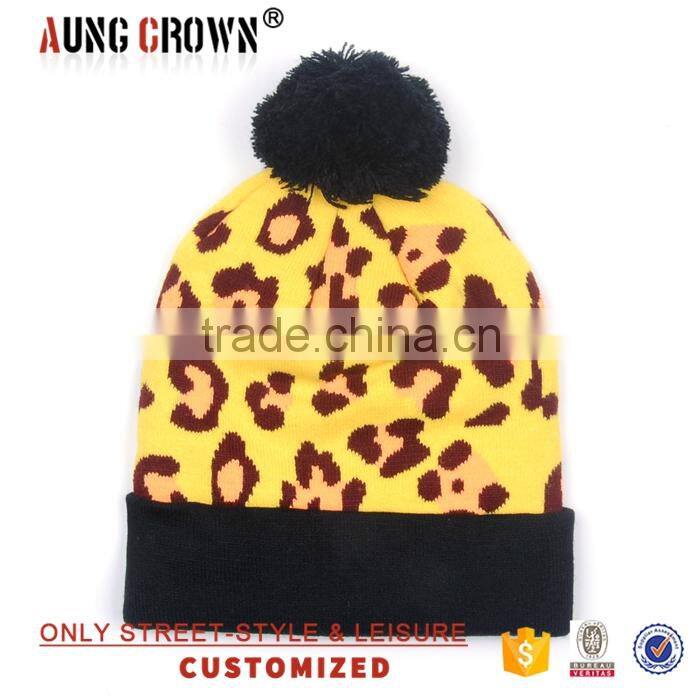 custom knitted cuff embroidery beanie hat/pom pom jacquard knitted hat