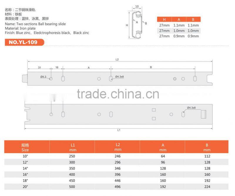 27mm partial extension side mount ball bearing drawer slide