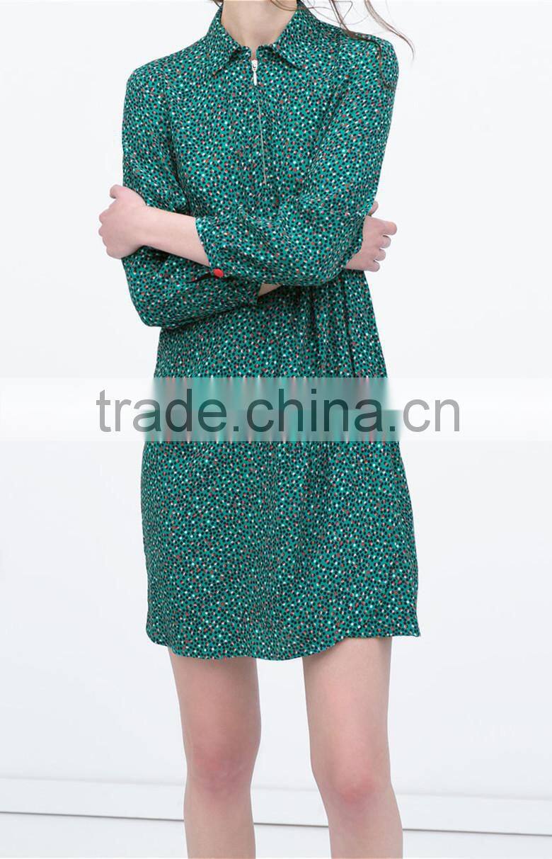 2015 summer long sleeve pleat with zipper front placket print rayon fashion dress - SYK15024