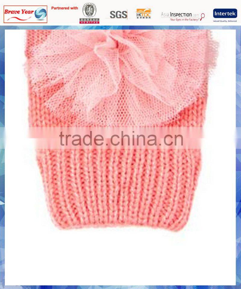 pink plain knitted cotton hand gloves mitten with flower