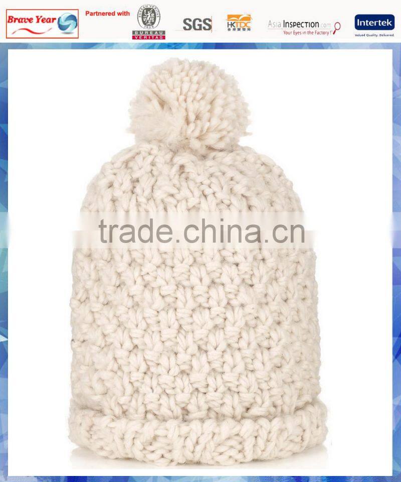 Beige chunky knit custom blank pom beanie/ladies fashion knitted hat patterns