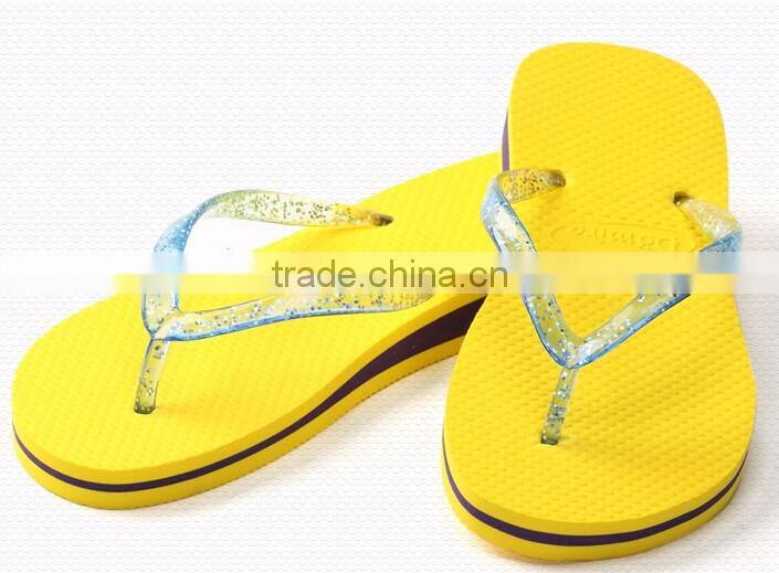 2016 bulk cheap plain ladies heat printing glitter strap upper yellow PE flip flops