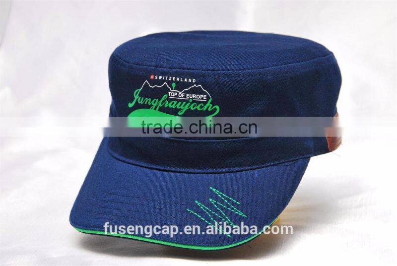 custom embroidered cotton military hat flat top hat with sandwich visor