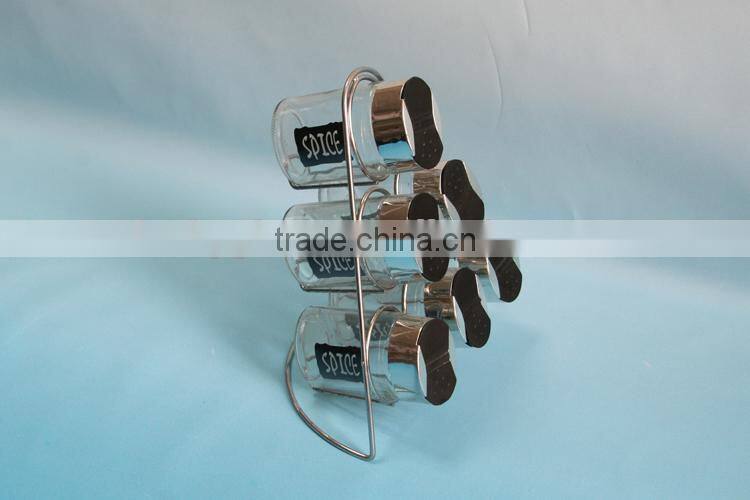 Glass salt shaker bottle set with metal stand