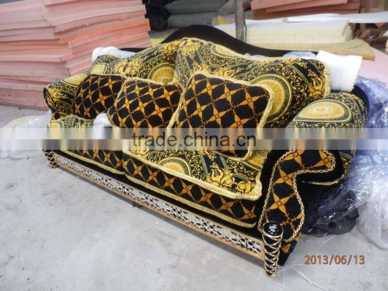Italy Gorgeous 18/24K Gold Plated Living Room Furniture/ European Classic Royal Brass Carving Fabric Upholstery Gilded Sofa Set