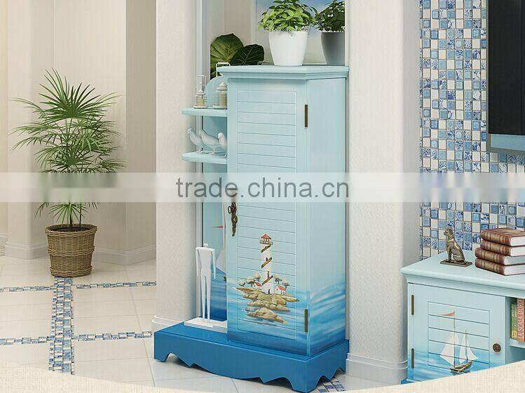 Mediterranean Style Wine Cabinet, Sailing Boat Handpainting Wine Cupboard, Solid Wood Single Door Show Cabinet (BF01-X1148)