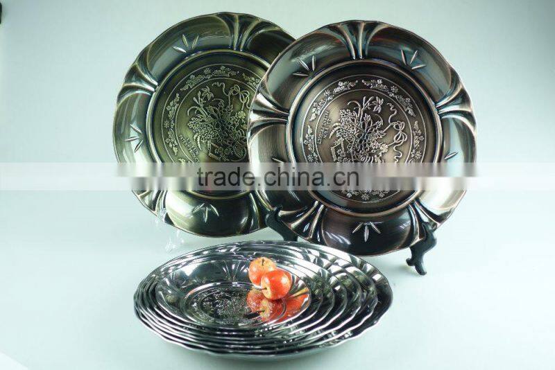 2015 hot selling multi size stainless steel decorative flower plate, dinner round plate with3 clour