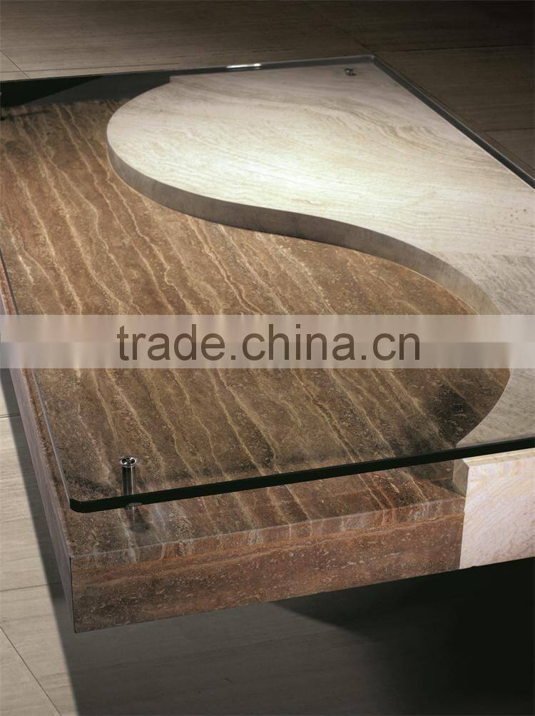 modern beige travertine marble living room coffee table with glass top