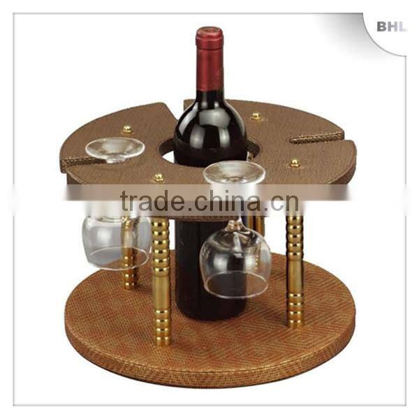 Hot Sales! Hotel Supplies Round Leather Red Wine Rack YJ-3 with 6 Glass Holder, Bottle Display Rack for Bar Counter/Guest Room