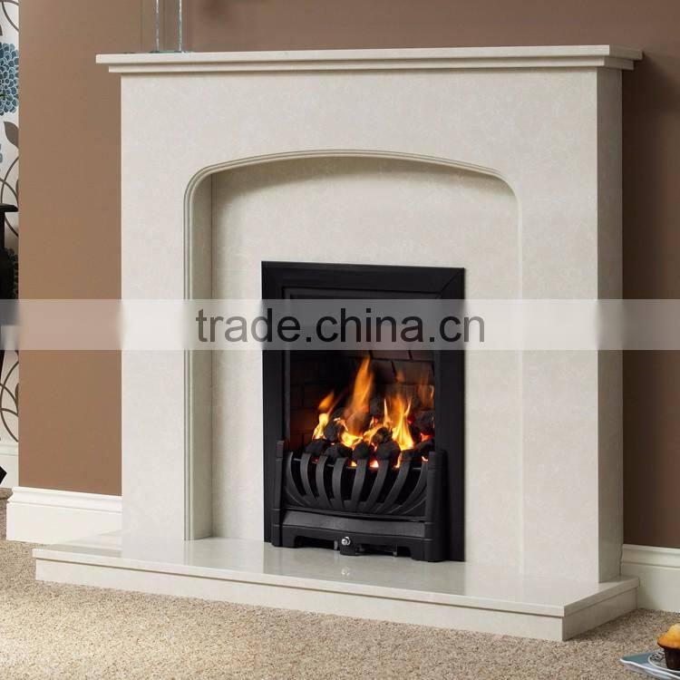 Modern clean lines beige marble fireplace surround