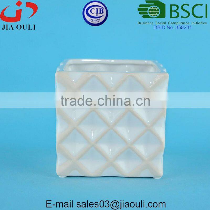 Glazed white and wash Geometric Patterned Mini square Ceramic Planter