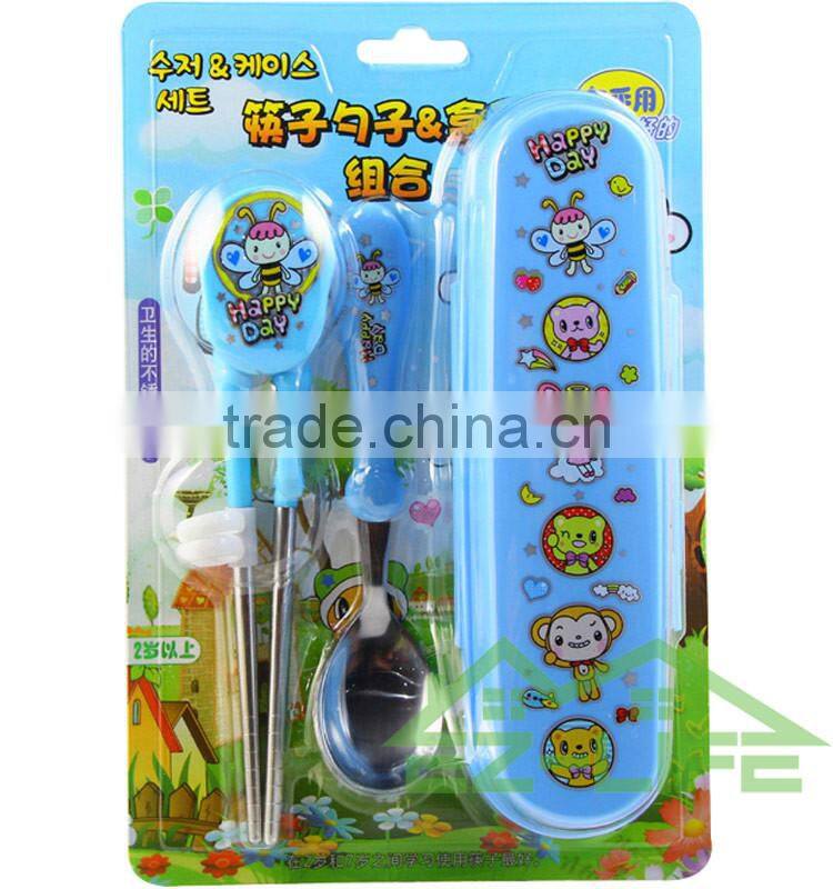 Korean stainless steel baby faltware sets training chopsticks and spoon