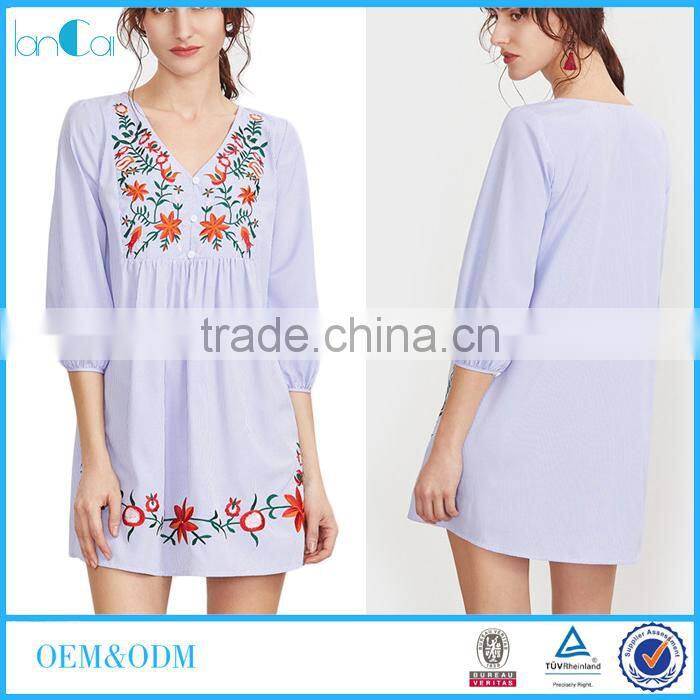 2017 Summer Women Clothing Factory Embroidered Blue Striped V Neck Button Front Lantern Sleeve Boho Dress