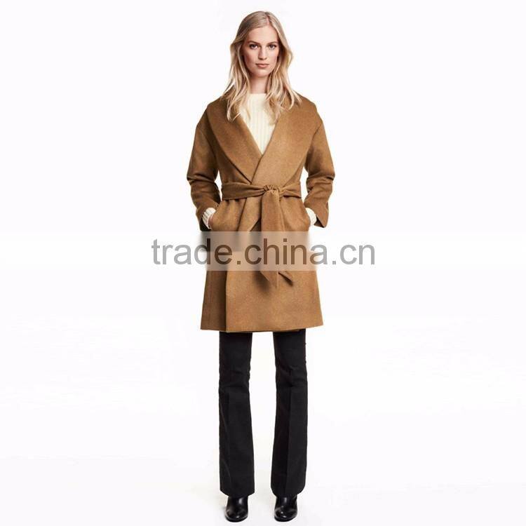 HAODUOYI Winter Women Light Tan Pockets Belt Front Trench Coat V Neck Long line Woolen Coat