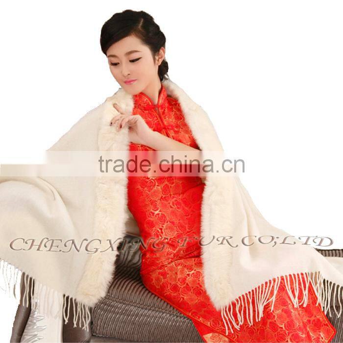 CX-B-P-41F New Product Noble Cape Brand Name Shawl Hand Made Wholesale Cashmere And Rabbit Fur Trim Cape