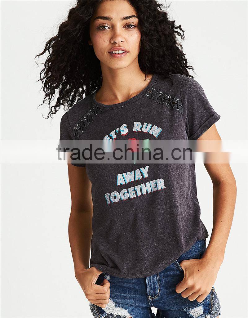 MGOO 2017 Summer Lace-up Graphic T-shirt With Grommets Ladies Sublimation Print Design Fashion T Shirt