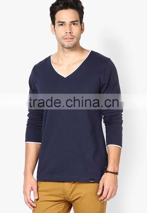 wholesale 100% cotton grey V-neck long sleeve t-shirt