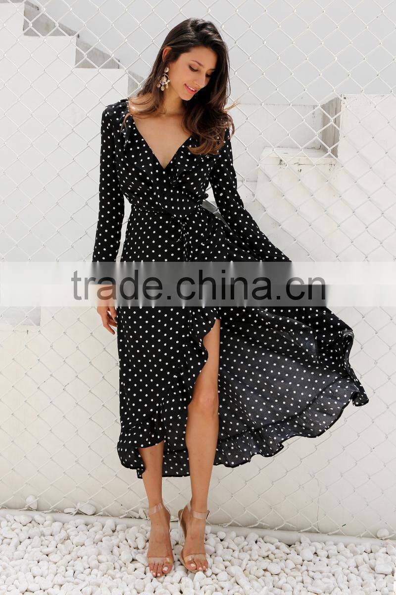 Evening Dress Long Sleeve Polka Dot Ruffle Wrap Women Maxi Dress Vestidos Beach Long Dress
