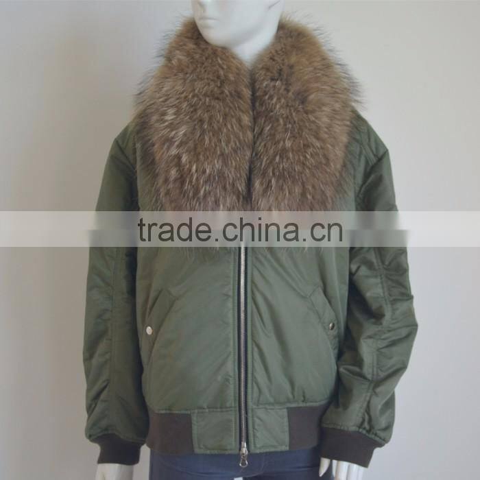 Myfur Customized Polyester MA1 Bomber Jacket with Detachable Dyed Raccoon Fur Collar for Women