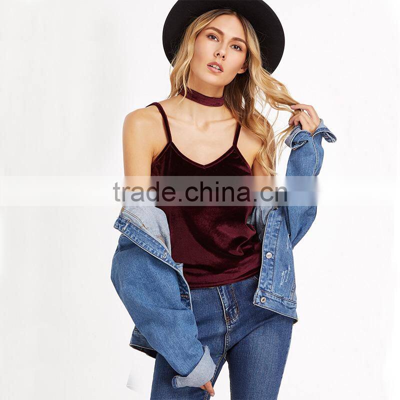 Velvet V-neck top with choker, ladies sexy tank top