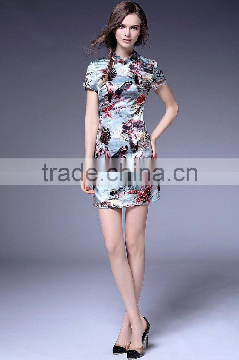 Chinese flow stand collar starfish bird slim fit thin qipao dresses