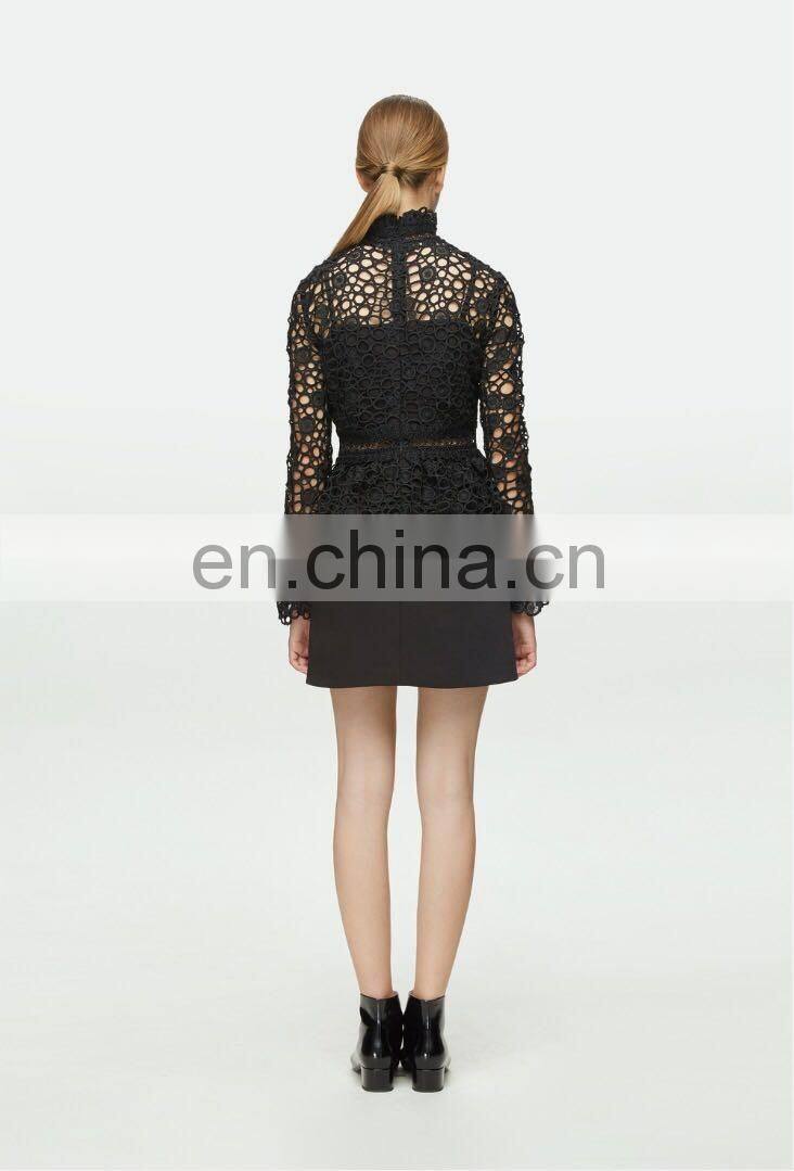 ladies formal wear women long sleeve black pelpum lace turtleneck dresses