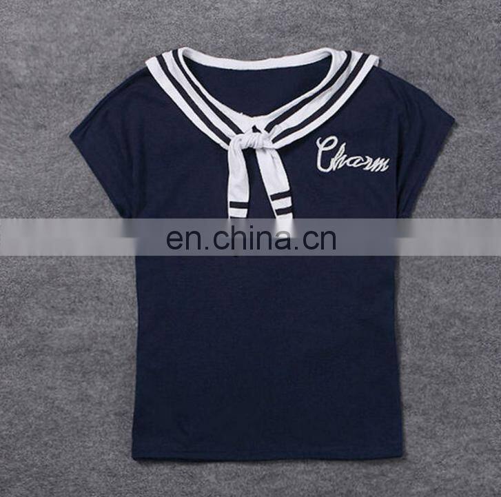 China Supplier 2016 Women Navy Blue Sailor Collar T-Shirt Lady Embroideried Blue Short Sleeve Tops